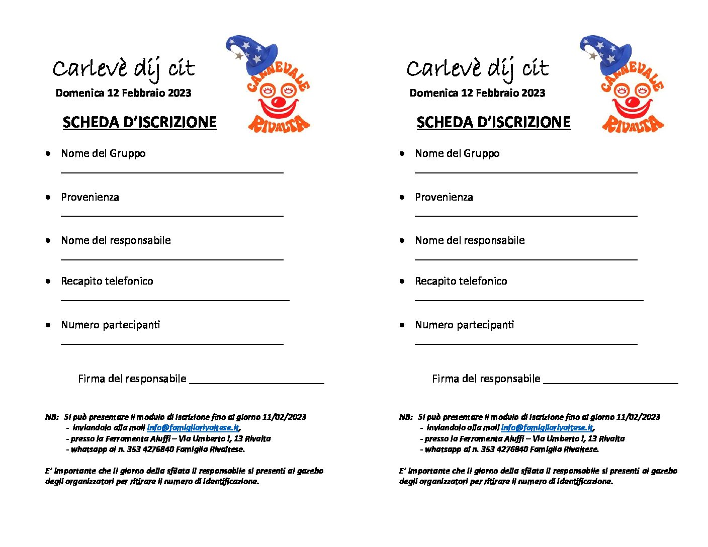 Modulo d’iscrizione Carlevè dij cit 2024